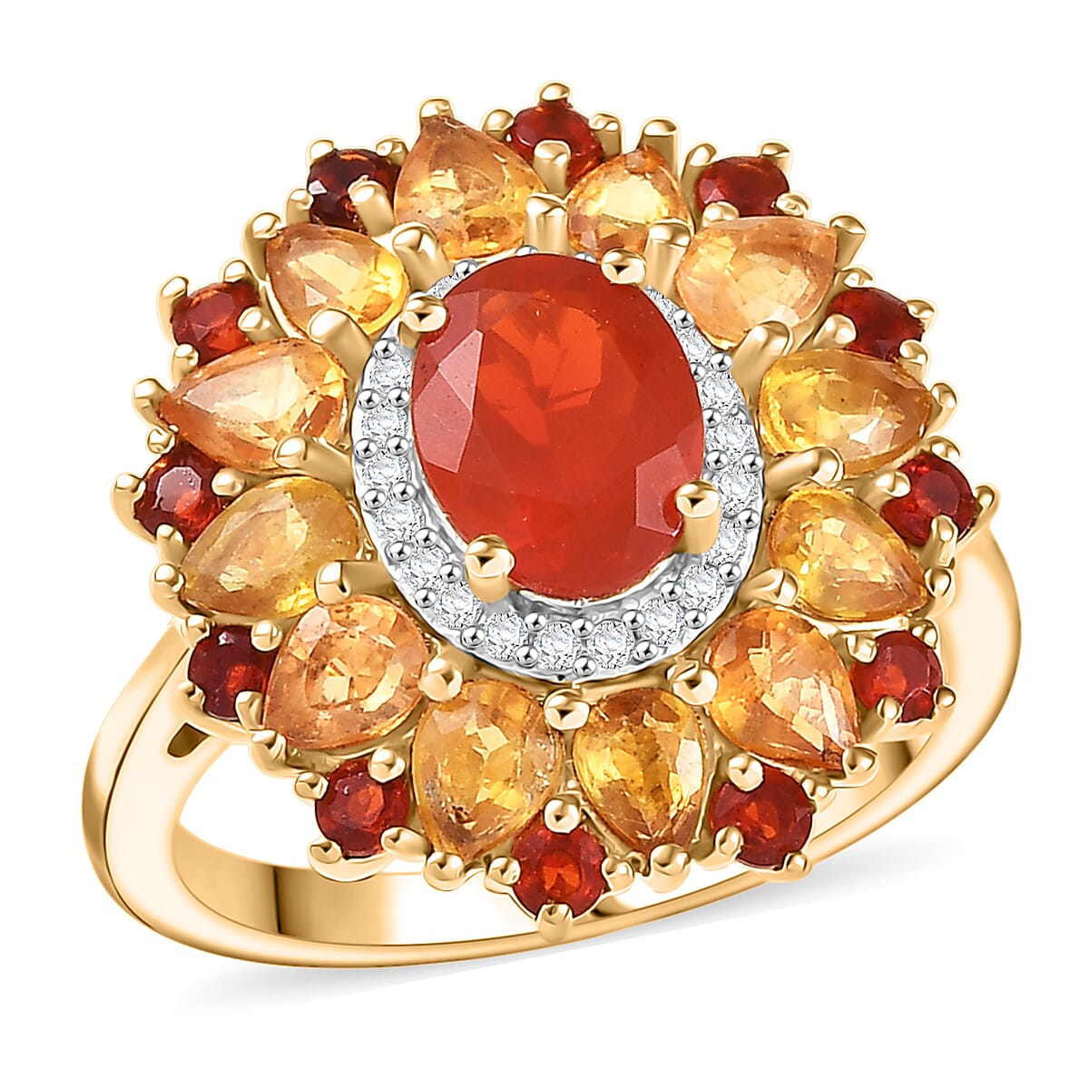 D'Joy Mexican Cherry Fire Opal and Multi Gemstone 3.40 ctw Floral Halo Ring in 18K Vermeil Yellow Gold Over Sterling Silver (Size 6.0) image number 0