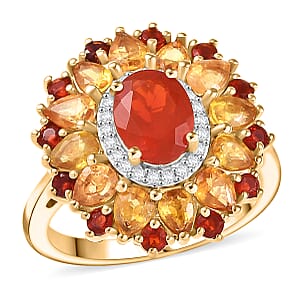 D'Joy Mexican Cherry Fire Opal and Multi Gemstone 3.40 ctw Floral Halo Ring in 18K Vermeil Yellow Gold Over Sterling Silver (Size 6.0)