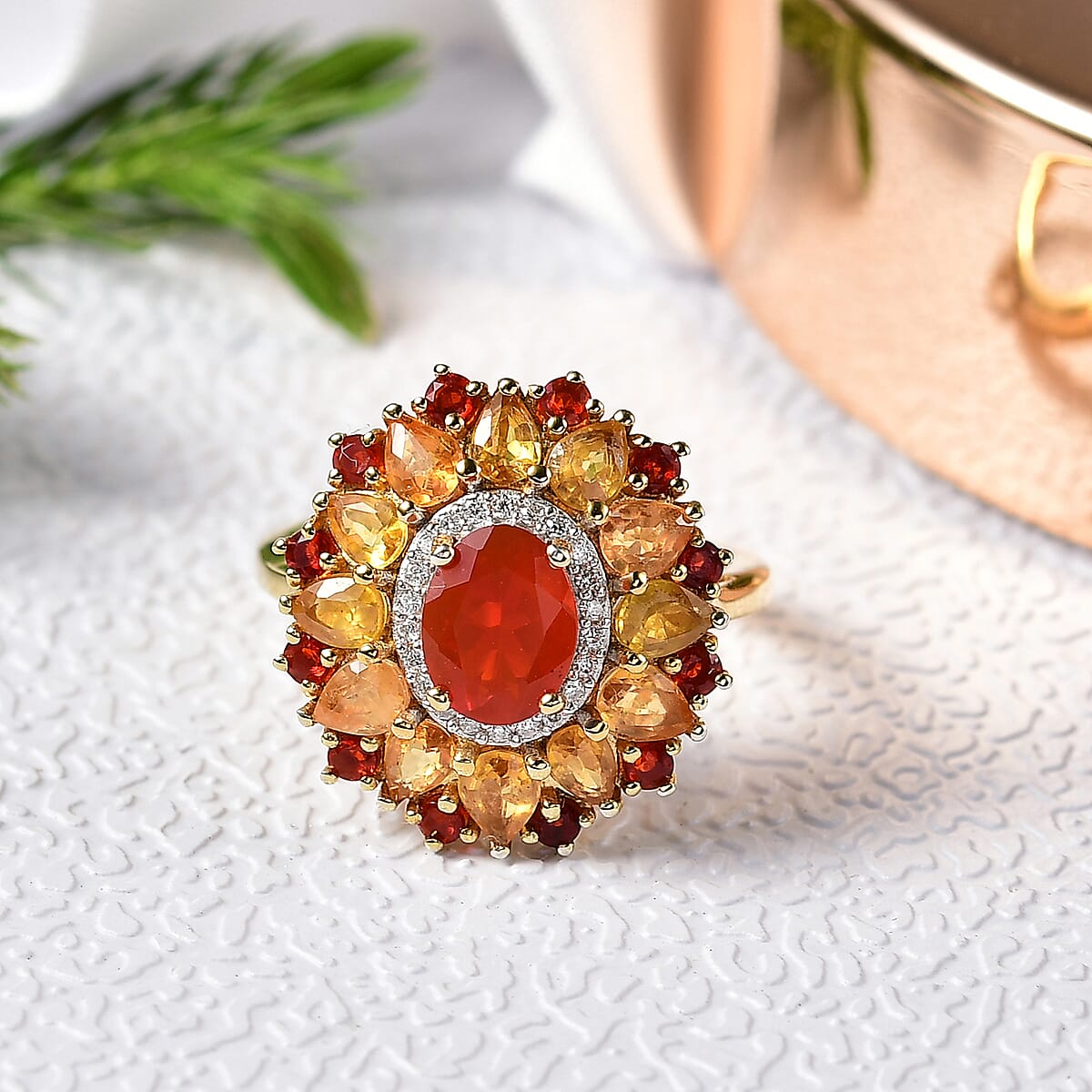 D'Joy Mexican Cherry Fire Opal and Multi Gemstone 3.40 ctw Floral Halo Ring in 18K Vermeil Yellow Gold Over Sterling Silver (Size 6.0) image number 1
