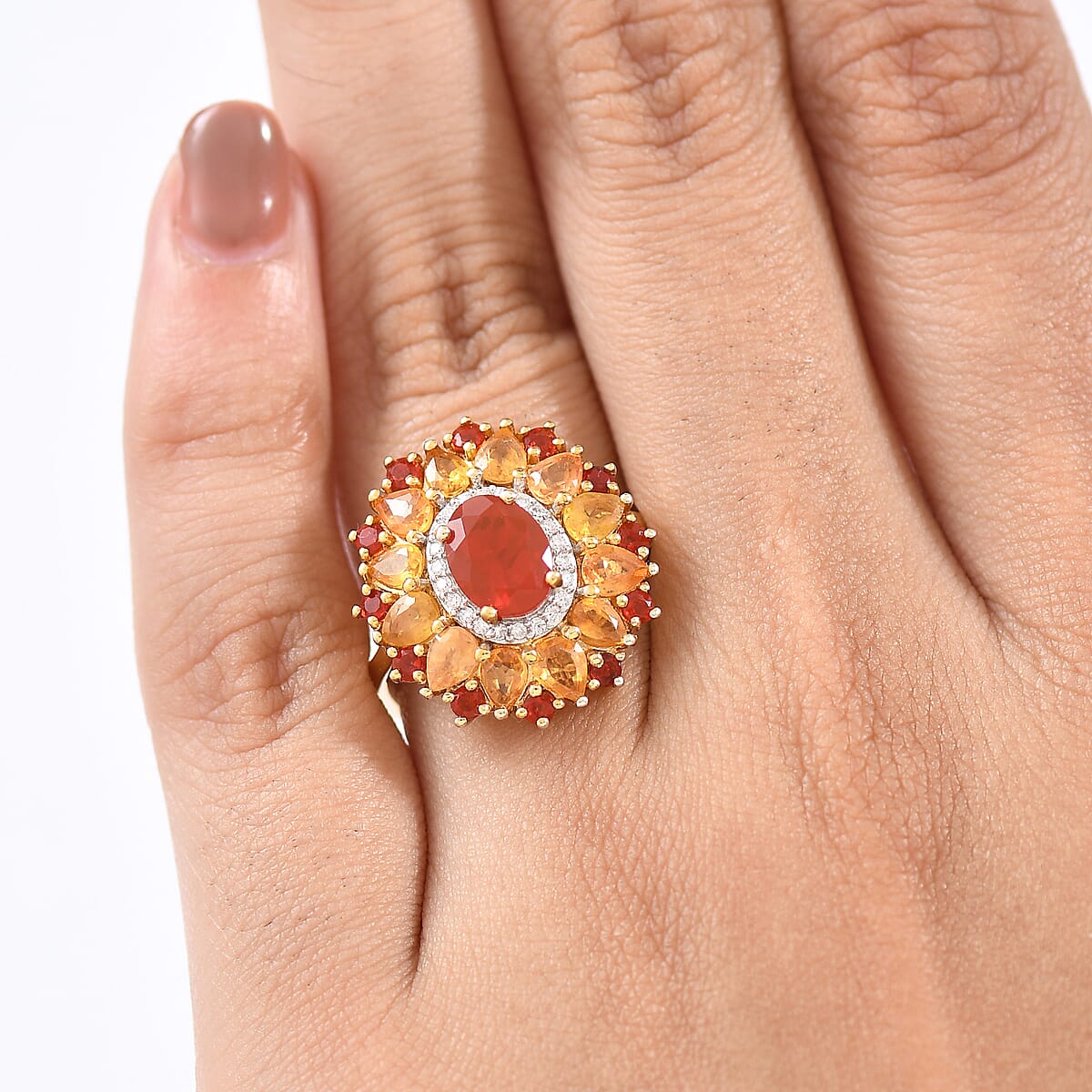 D'Joy Mexican Cherry Fire Opal and Multi Gemstone 3.40 ctw Floral Halo Ring in 18K Vermeil Yellow Gold Over Sterling Silver (Size 6.0) image number 2