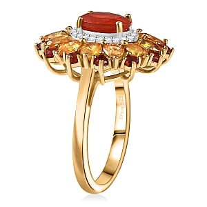 D'Joy Mexican Cherry Fire Opal and Multi Gemstone 3.40 ctw Floral Halo Ring in 18K Vermeil Yellow Gold Over Sterling Silver (Size 8.0)