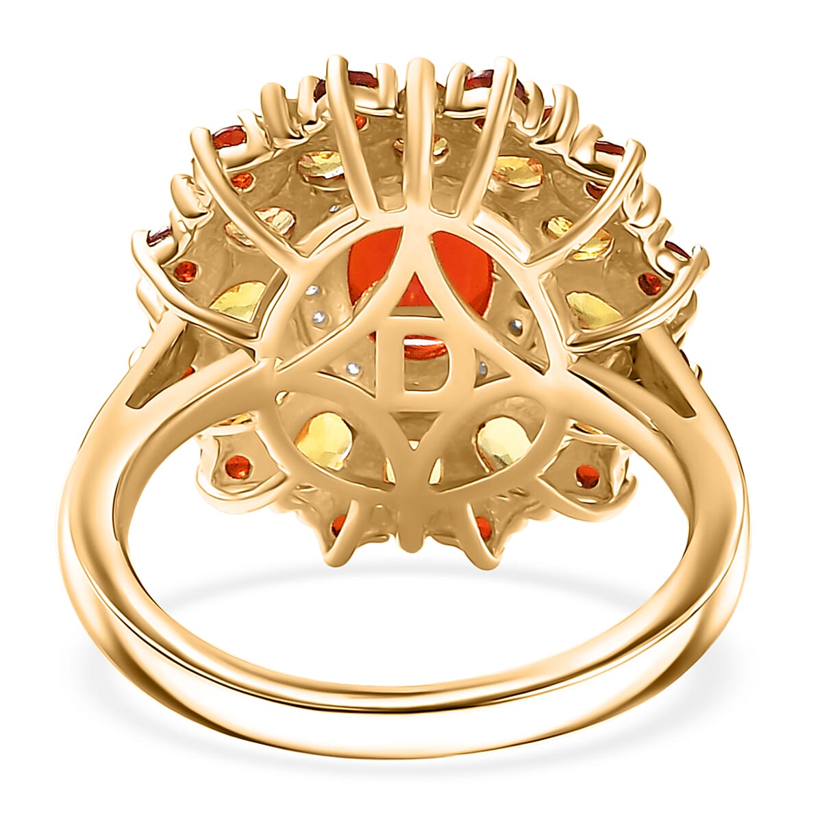 D'Joy Mexican Cherry Fire Opal and Multi Gemstone 3.40 ctw Floral Halo Ring in 18K Vermeil Yellow Gold Over Sterling Silver (Size 8.0) image number 4