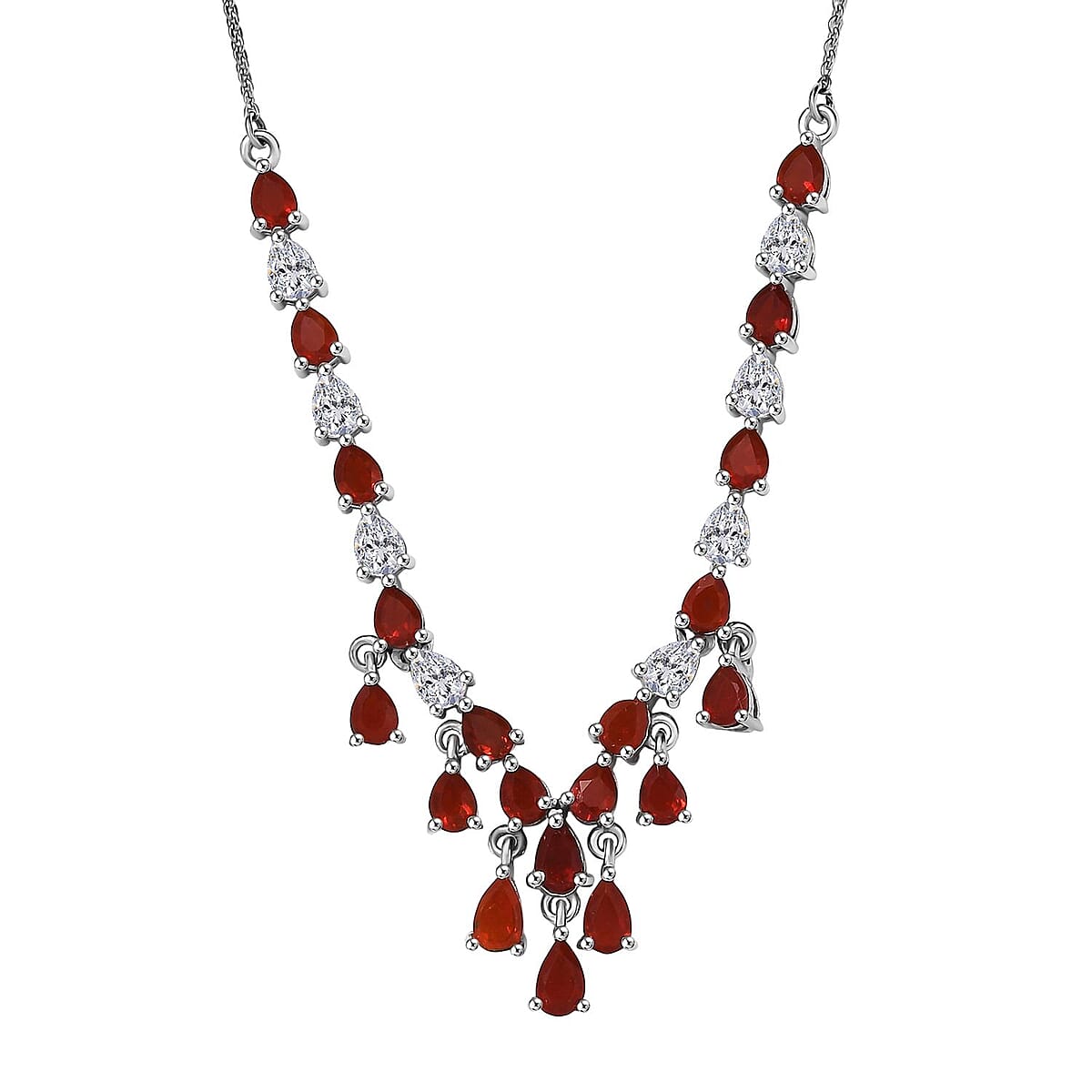 D'Joy Mexican Cherry Fire Opal 3.25 ctw V-shaped Silhouette Necklace in Rhodium Over Sterling Silver 18 Inches image number 0