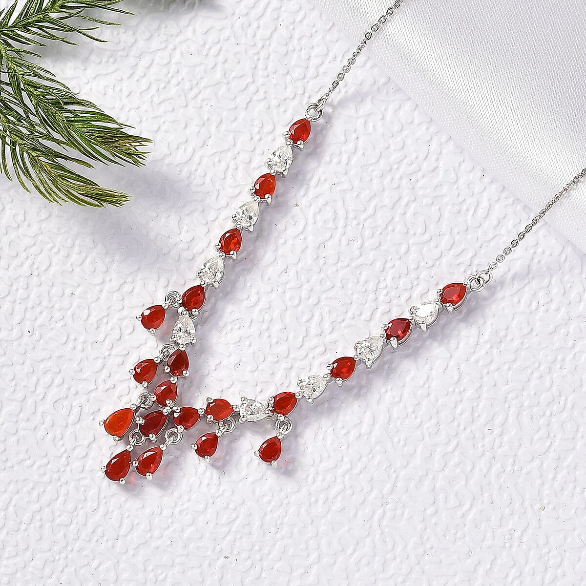 D'Joy Mexican Cherry Fire Opal 3.25 ctw V-shaped Silhouette Necklace in Rhodium Over Sterling Silver 18 Inches image number 1