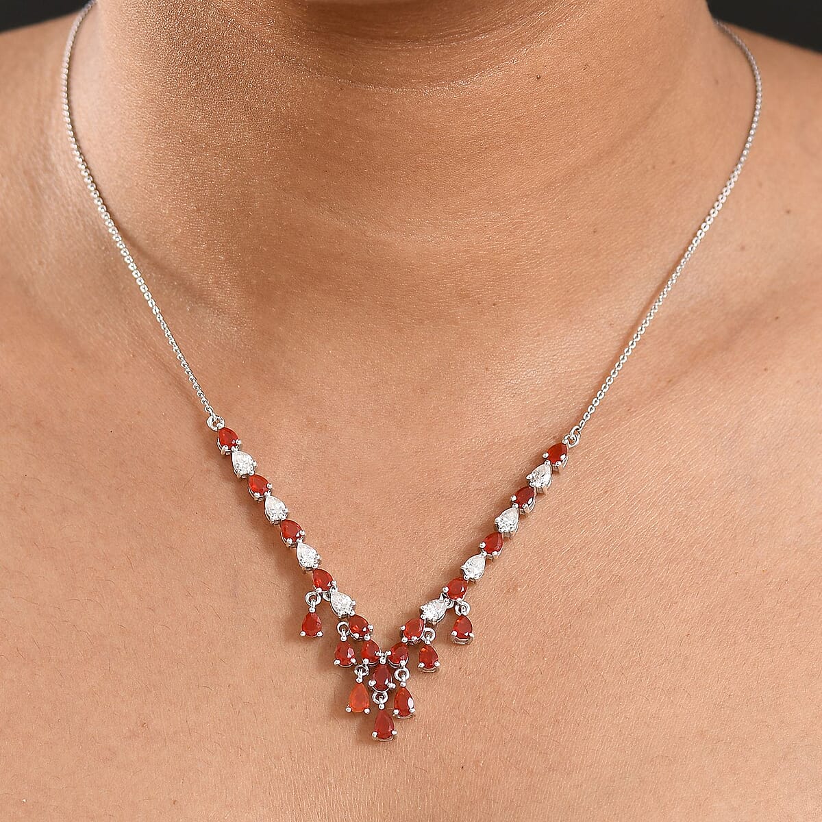 D'Joy Mexican Cherry Fire Opal 3.25 ctw V-shaped Silhouette Necklace in Rhodium Over Sterling Silver 18 Inches image number 2