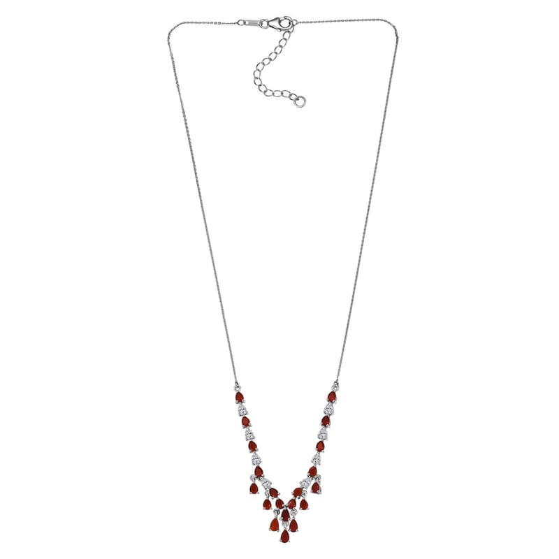 D'Joy Mexican Cherry Fire Opal 3.25 ctw V-shaped Silhouette Necklace in Rhodium Over Sterling Silver 18 Inches