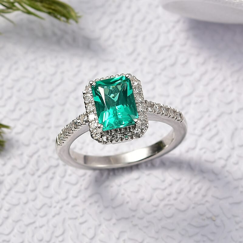 Lab Grown Colombian Emerald and Diamond 2.11 ctw Ring in Rhodium Over Sterling Silver (Size 11.5)