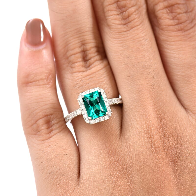 Lab Grown Colombian Emerald and Diamond 2.11 ctw Ring in Rhodium Over Sterling Silver (Size 11.5)