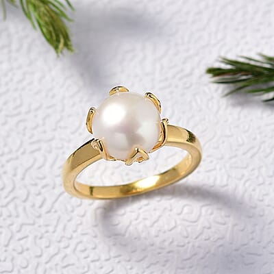 EverTrue White Freshwater Pearl Ring in 18K YG Plated (Size 10.0)