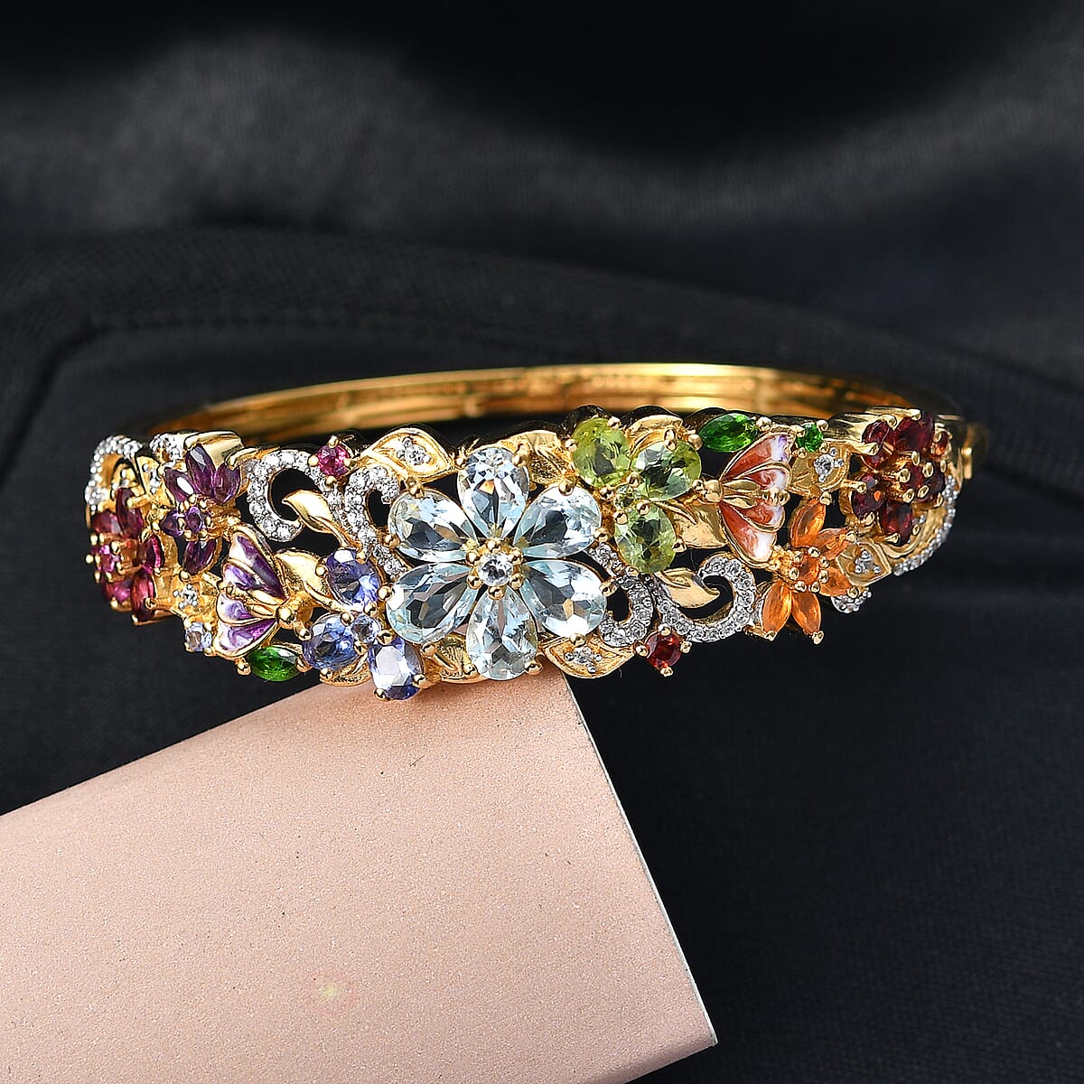 D'Joy Multi Gemstone 11.60 ctw Blooming Garden Bangle Bracelet in 18K Vermeil Yellow Gold Over Sterling Silver (6.50 In) (Del. in 7-10 Days) image number 1
