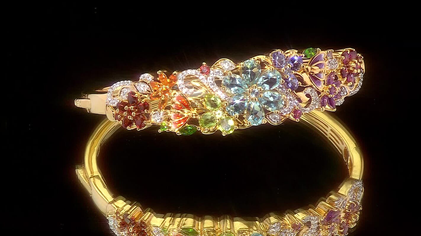 D'Joy Sky Blue Topaz, Multi Gemstone Bangle Bracelet in 18K Vermeil YG Over Sterling Silver (6.50 In) 11.60 ctw