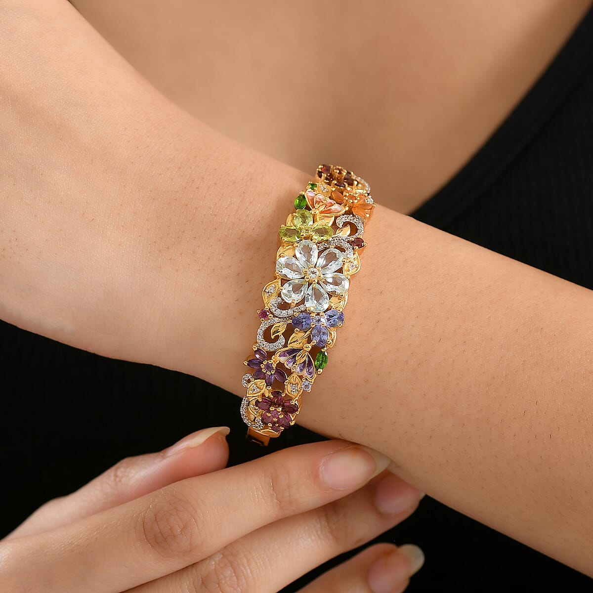 D'Joy Multi Gemstone 11.60 ctw Blooming Garden Bangle Bracelet in 18K Vermeil Yellow Gold Over Sterling Silver (6.50 In) (Del. in 7-10 Days) image number 2