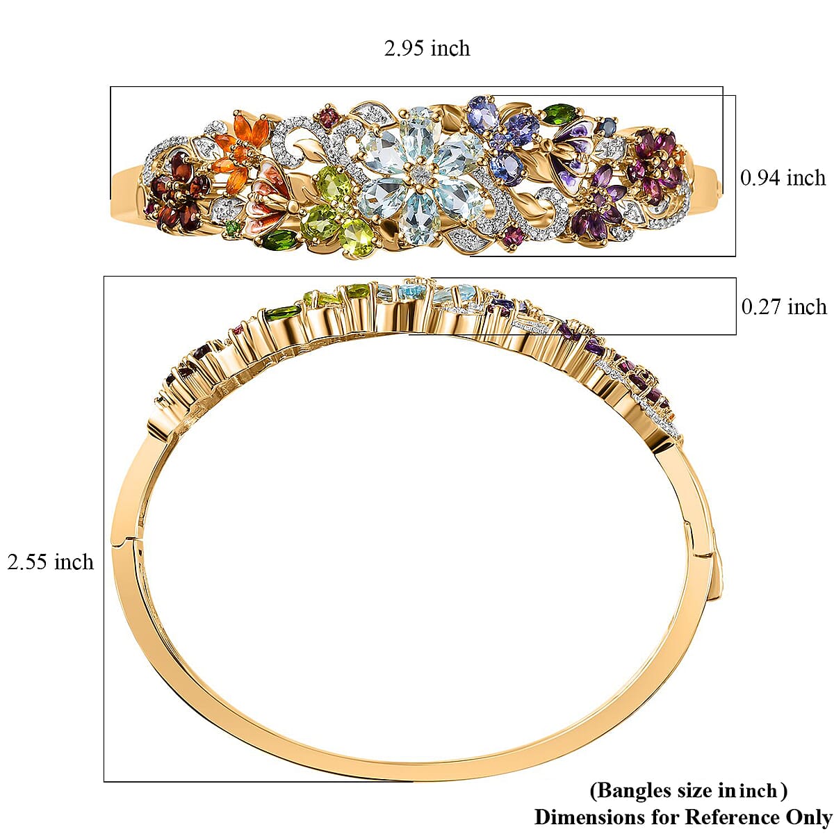 D'Joy Multi Gemstone 11.60 ctw Blooming Garden Bangle Bracelet in 18K Vermeil Yellow Gold Over Sterling Silver (6.50 In) (Del. in 7-10 Days) image number 5