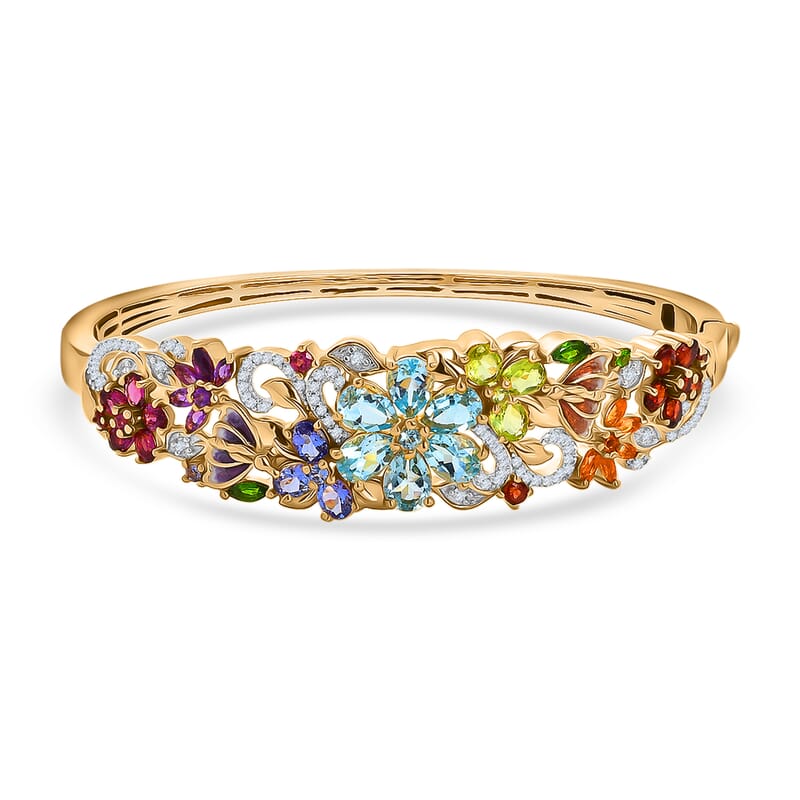 D'Joy Multi Gemstone 11.40 ctw Blooming Garden Bangle Bracelet in 18K Vermeil Yellow Gold Over Sterling Silver (6.50 In)