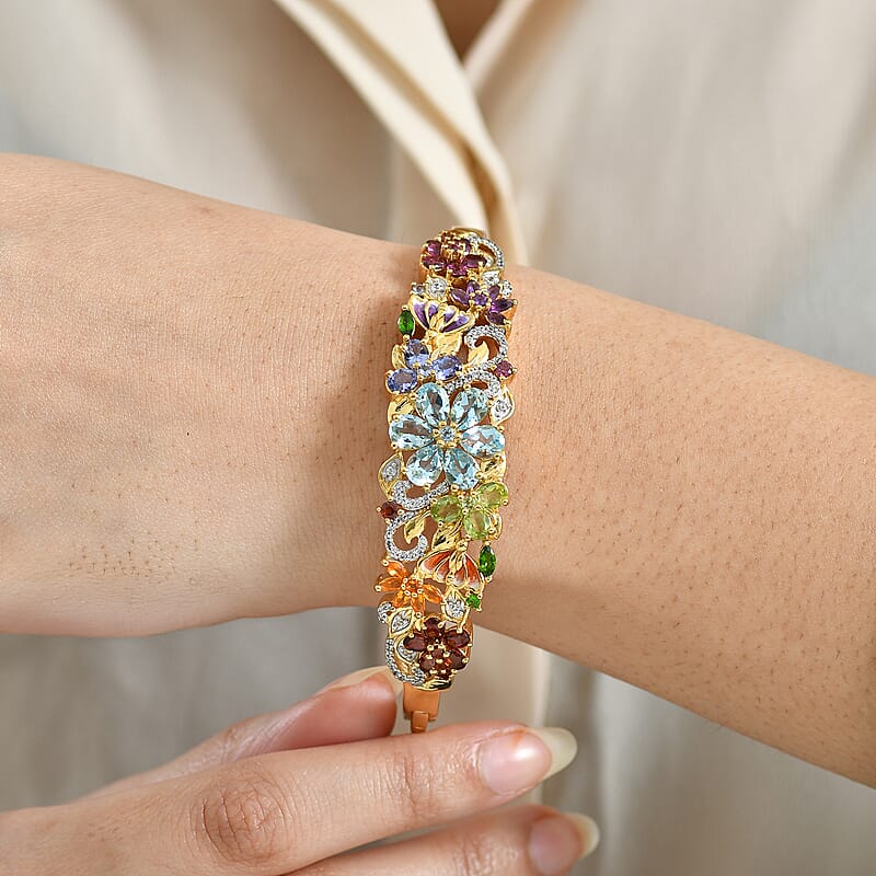 D'Joy Multi Gemstone 11.40 ctw Blooming Garden Bangle Bracelet in 18K Vermeil Yellow Gold Over Sterling Silver (6.50 In)
