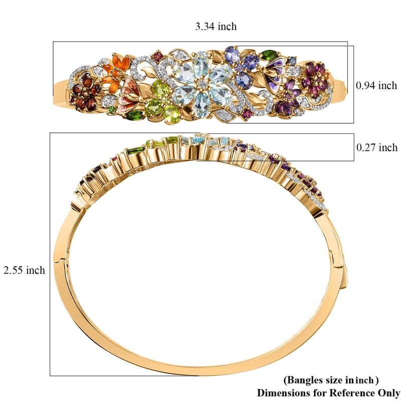 D'Joy Multi Gemstone 11.40 ctw Blooming Garden Bangle Bracelet in 18K Vermeil Yellow Gold Over Sterling Silver (6.50 In)