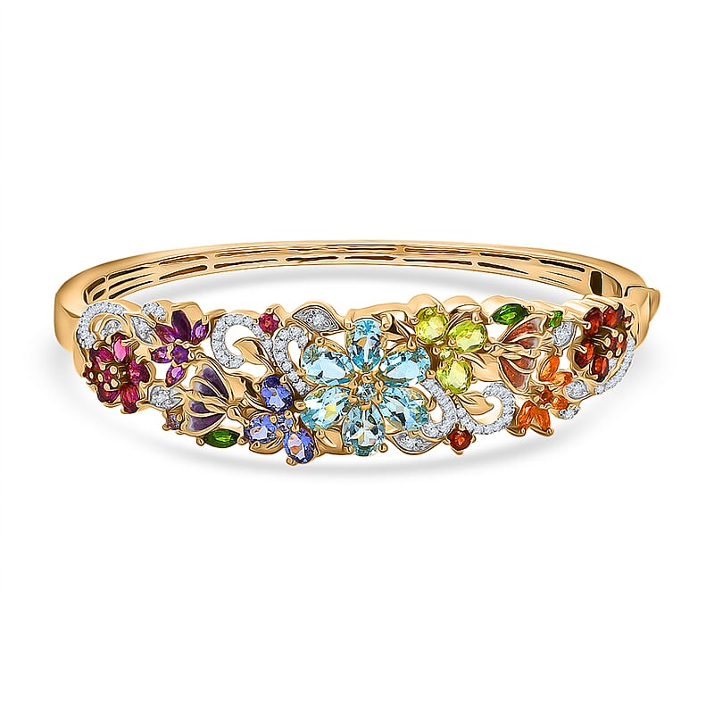 D'Joy Multi Gemstone 12.75 ctw Blooming Garden Bangle Bracelet in 18K Vermeil Yellow Gold Over Sterling Silver (8.00 In)