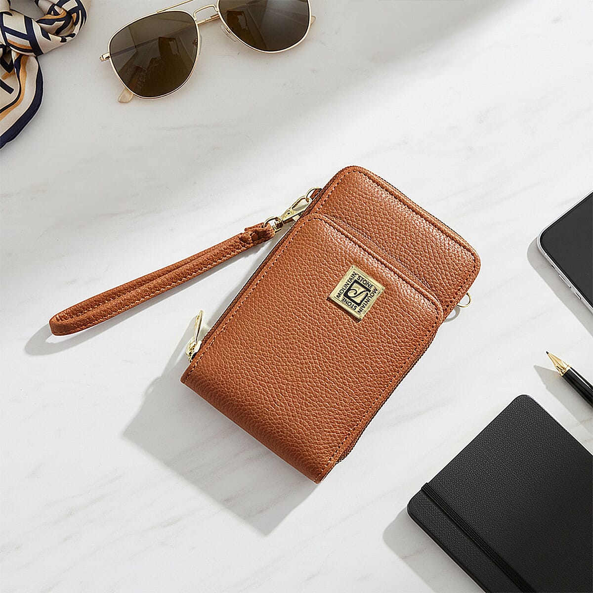 Stone Mountain Cognac Pebble Genuine Leather Crossbody Bag with Wristlet image number 1