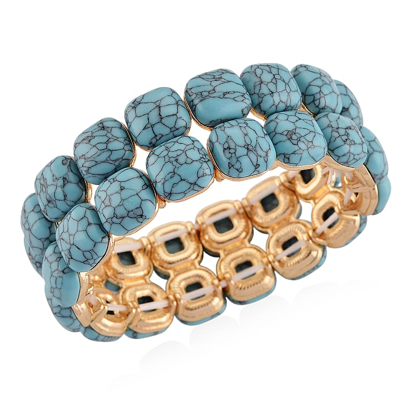 Blue Howlite 34.00 ctw Stretch 2 Row Bangle Bracelet in Goldtone (6.50-7.0In)
