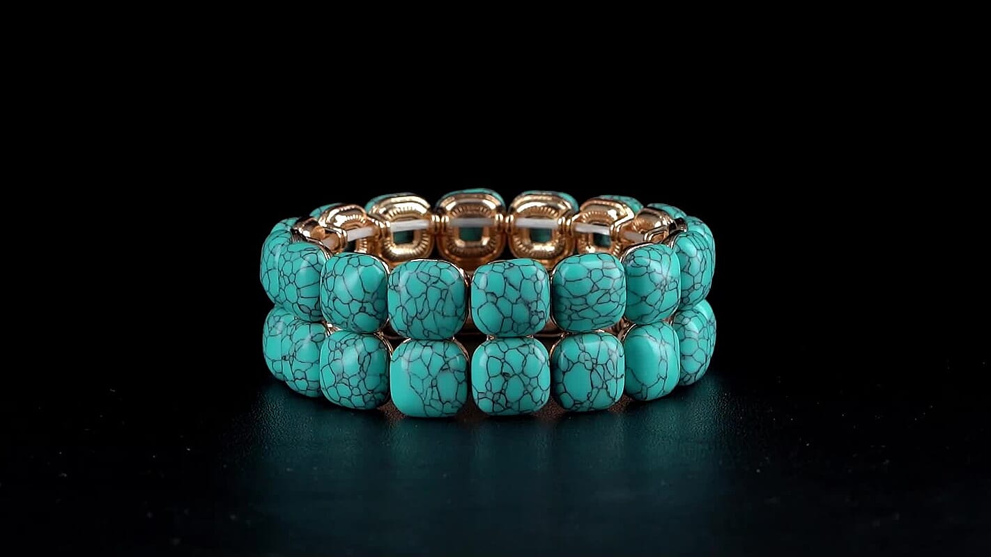 Blue Howlite 34.00 ctw Stretch 2 Row Bangle Bracelet in Goldtone (6.50-7.0In)