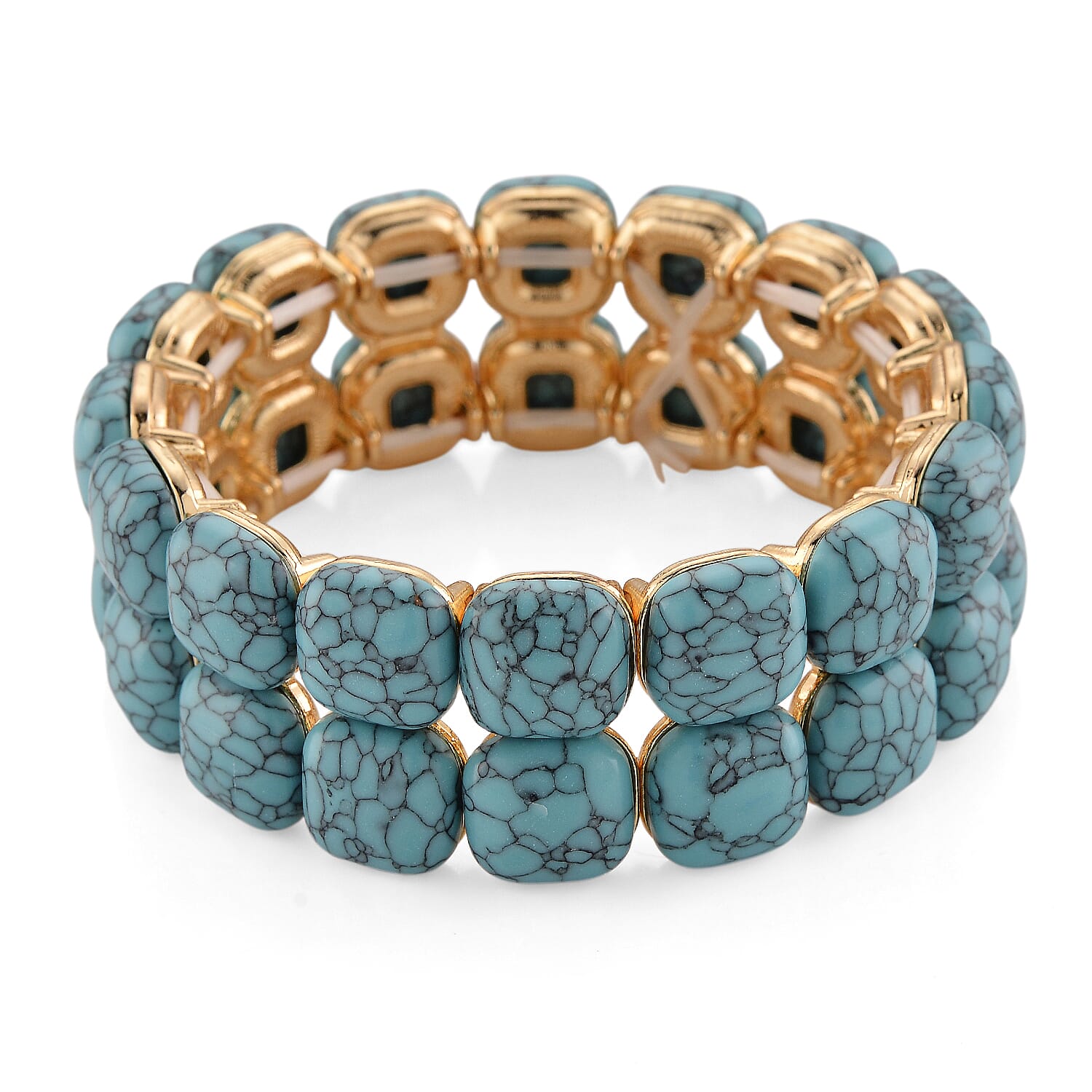 Blue Howlite 34.00 ctw Stretch 2 Row Bangle Bracelet in Goldtone (6.50-7.0In)