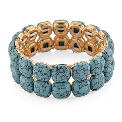 Blue Howlite 34.00 ctw Stretch 2 Row Bangle Bracelet in Goldtone (6.50-7.0In)
