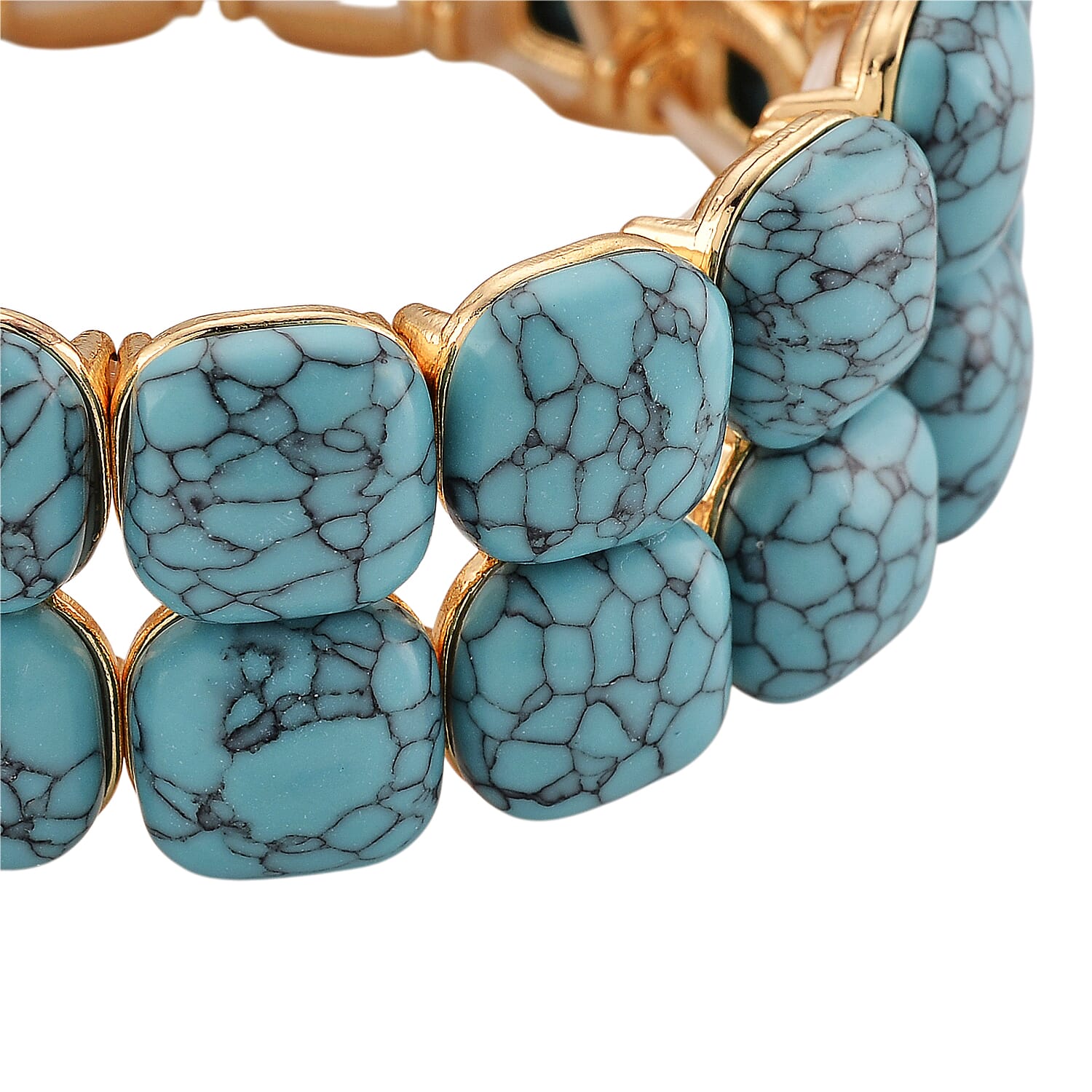 Blue Howlite 34.00 ctw Stretch 2 Row Bangle Bracelet in Goldtone (6.50-7.0In)