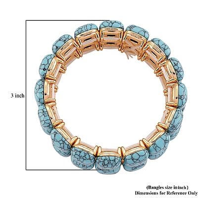 Blue Howlite 34.00 ctw Stretch 2 Row Bangle Bracelet in Goldtone (6.50-7.0In)