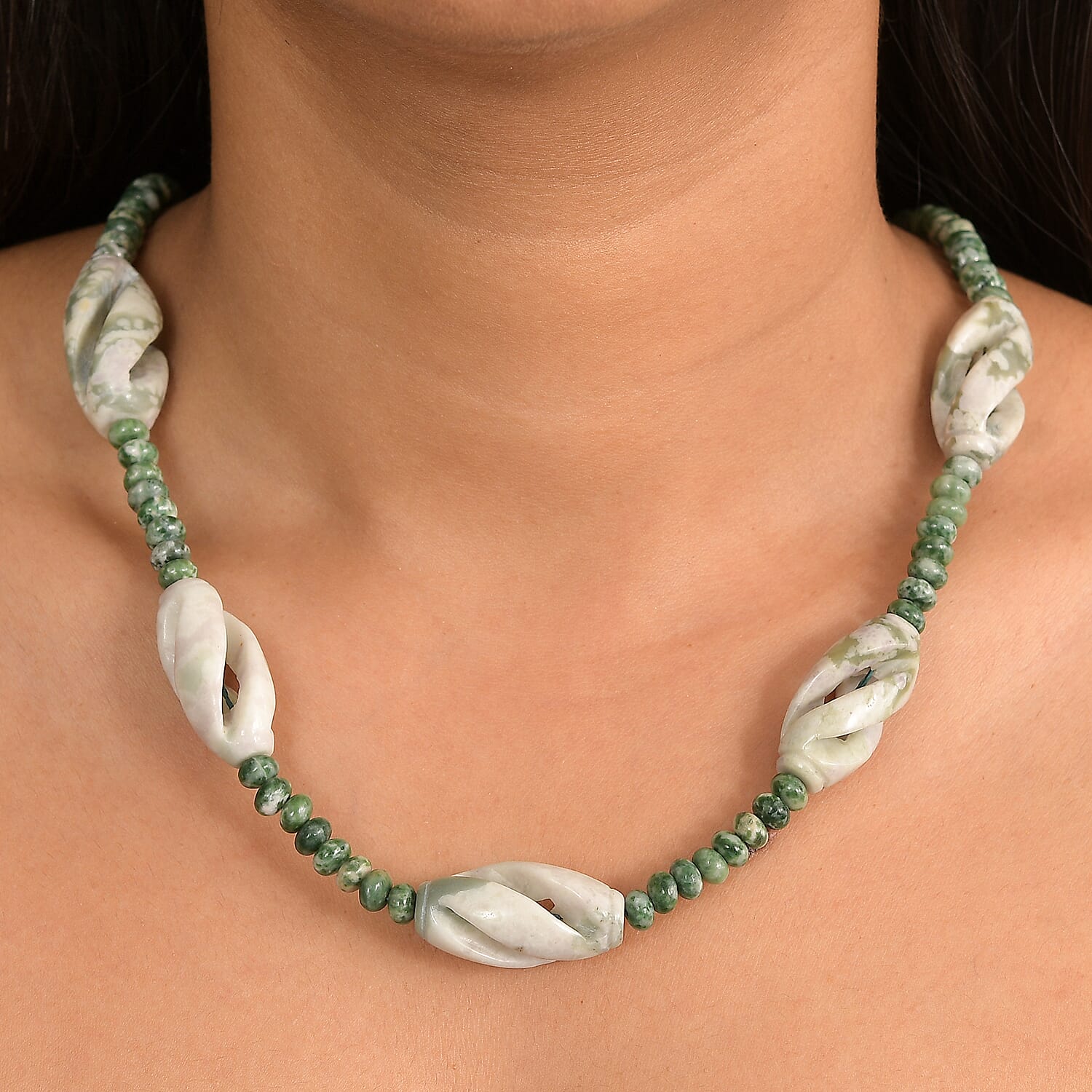 Sesame Jasper and Green Spot Agate 266.00 ctw Beaded Necklace in Platinum Over 20 Inches