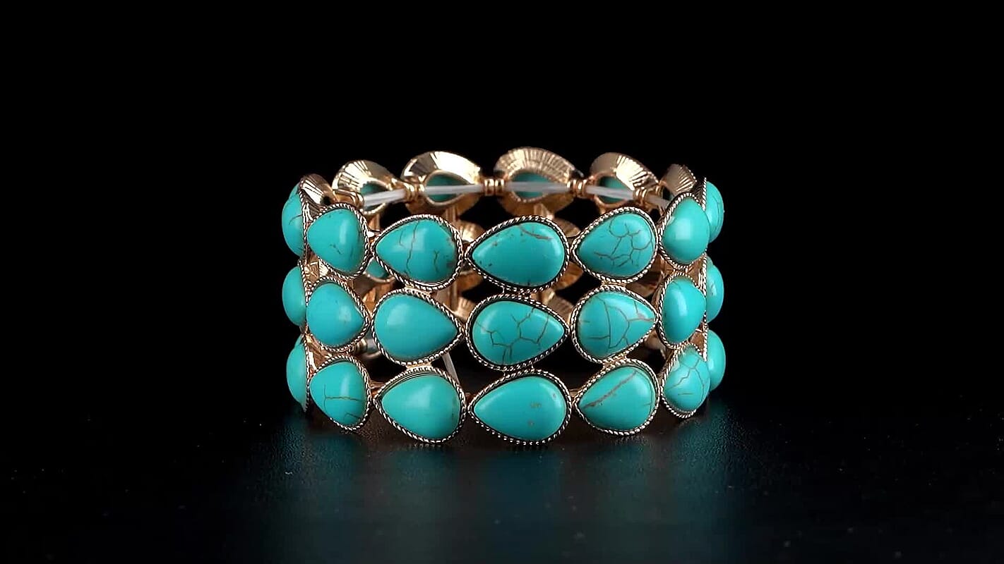 Blue Howlite 34.00 ctw Stretch 3 Row Bangle Bracelet in Goldtone (6.50-7.0In)