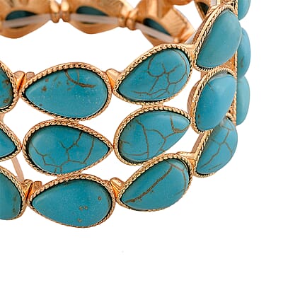 Blue Howlite 34.00 ctw Stretch 3 Row Bangle Bracelet in Goldtone (6.50-7.0In)