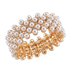 Simulated Pearl, Austrian Crystal Bangle Bracelet in Goldtone (6.50-7.0In)