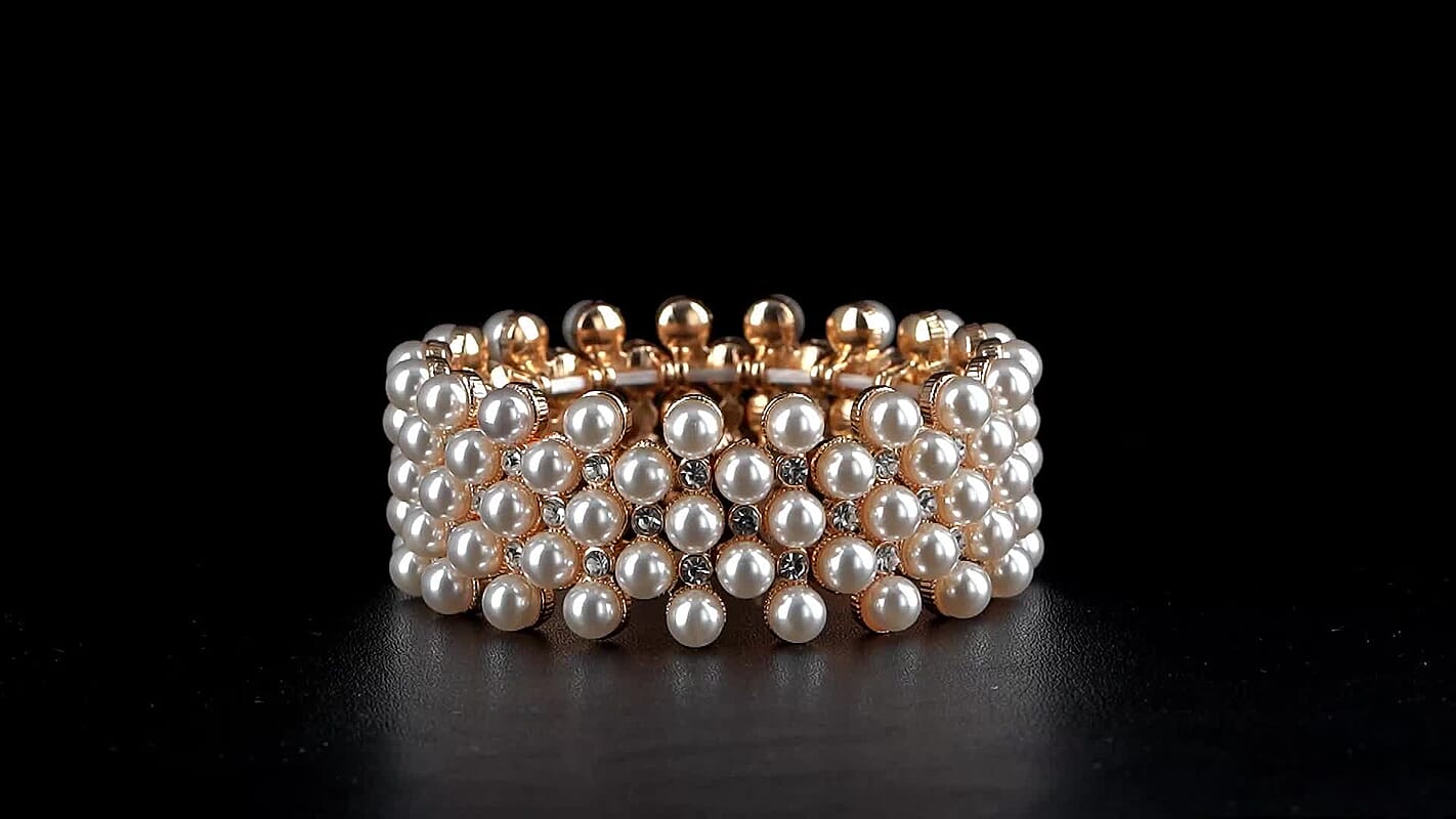 Simulated Pearl, Austrian Crystal Bangle Bracelet in Goldtone (6.50-7.0In)