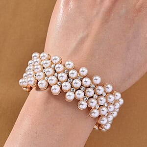 Simulated Pearl, Austrian Crystal Bangle Bracelet in Goldtone (6.50-7.0In)