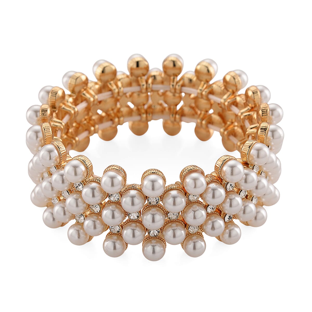 Simulated Pearl, Austrian Crystal Bangle Bracelet in Goldtone (6.50-7.0In) image number 2