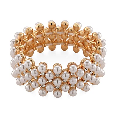 Simulated Pearl, Austrian Crystal Bangle Bracelet in Goldtone (6.50-7.0In)