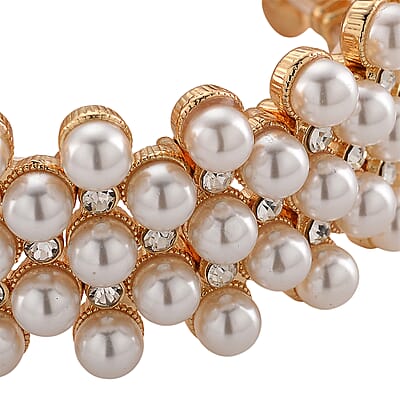 Simulated Pearl, Austrian Crystal Bangle Bracelet in Goldtone (6.50-7.0In)