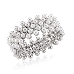 Simulated Pearl, Austrian Crystal Bangle Bracelet in Silvertone (6.50-7.0In)