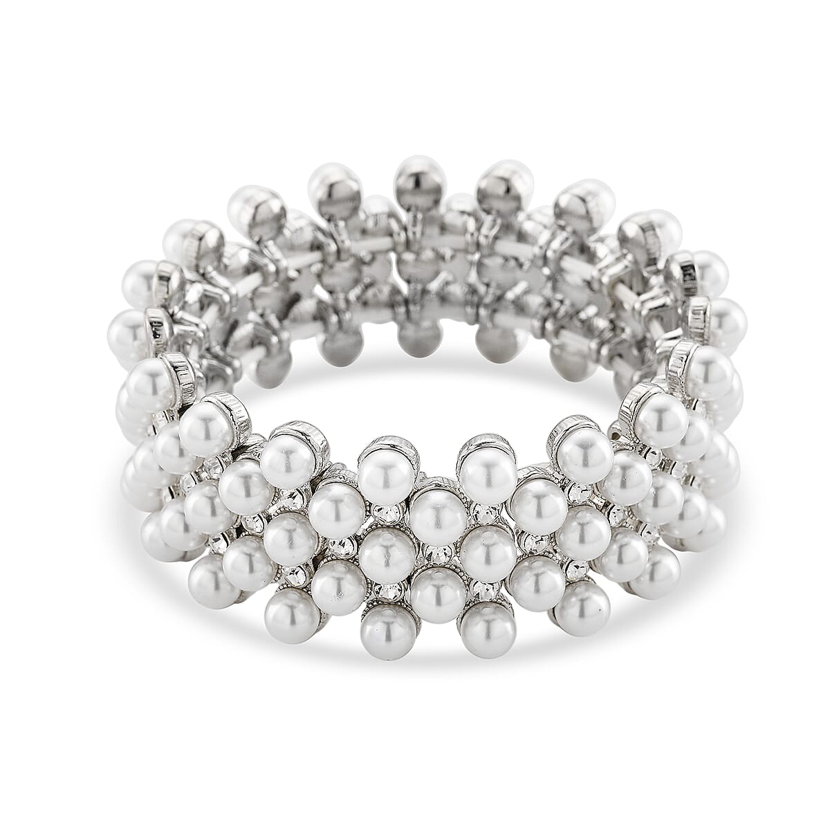 Simulated Pearl, Austrian Crystal Bangle Bracelet in Silvertone (6.50-7.0In) image number 2
