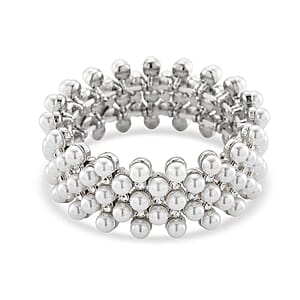 Simulated Pearl, Austrian Crystal Bangle Bracelet in Silvertone (6.50-7.0In)