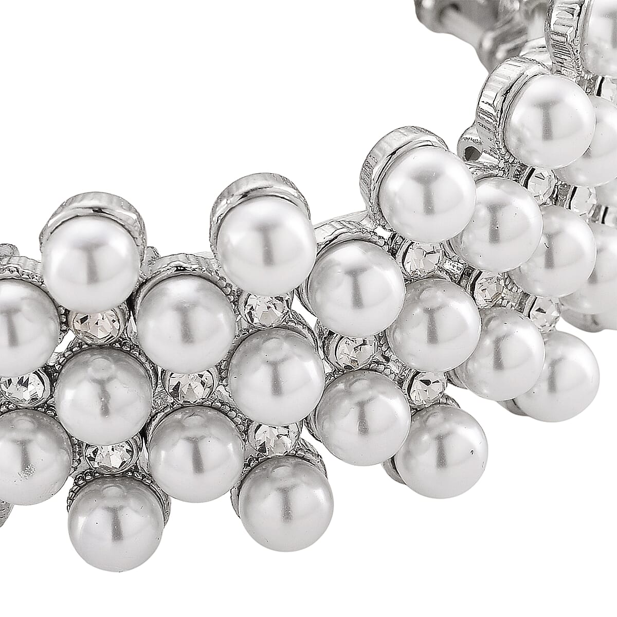 Simulated Pearl, Austrian Crystal Bangle Bracelet in Silvertone (6.50-7.0In) image number 3