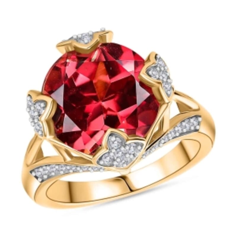 D'Joy Lab Created Padparadscha Sapphire and White Zircon 9.59 ctw Ring in Vermeil Yellow Gold Over Sterling Silver (Size 9)