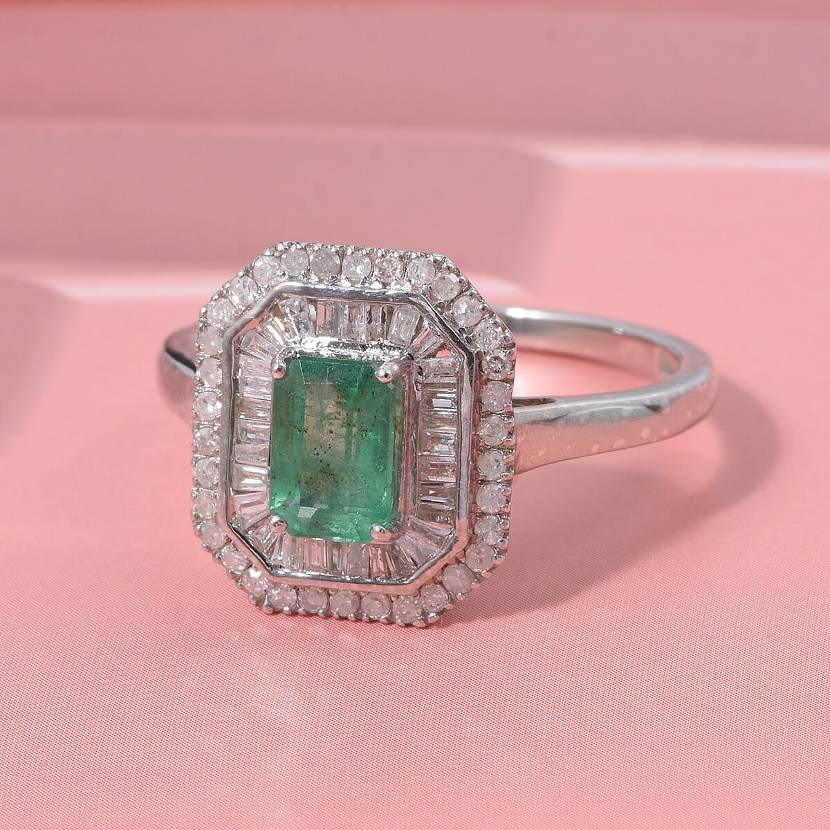 D'Joy Kagem Zambian Emerald and Diamond 1.35 ctw Ring in Rhodium Over Sterling Silver (Size 8.0) image number 1