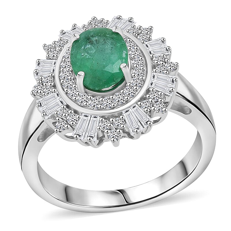 D'Joy Premium Kagem Zambian Emerald and Moissanite 2.00 ctw Ring in Rhodium Over Sterling Silver (Size 10.0)