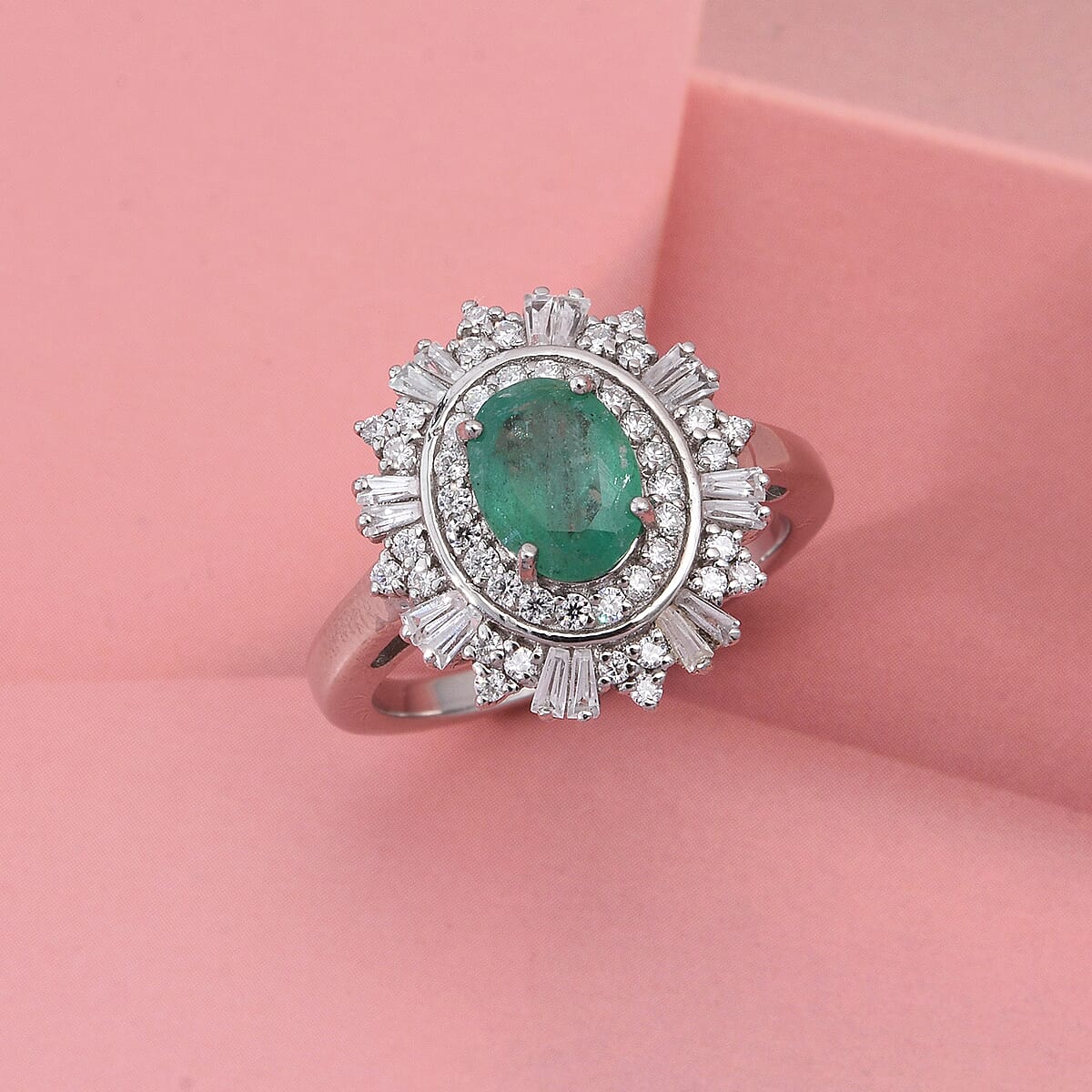 D'Joy Premium Kagem Zambian Emerald and Moissanite 2.00 ctw Ring in Rhodium Over Sterling Silver (Size 10.0) image number 1
