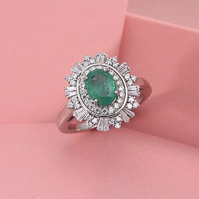 D'Joy Premium Kagem Zambian Emerald and Moissanite 2.00 ctw Ring in Rhodium Over Sterling Silver (Size 10.0)