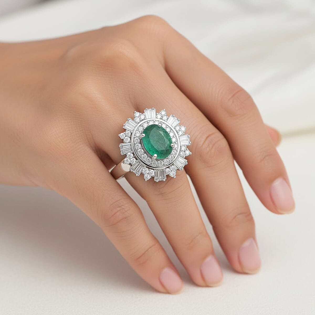 D'Joy Premium Kagem Zambian Emerald and Moissanite 2.00 ctw Ring in Rhodium Over Sterling Silver (Size 7.0) image number 2