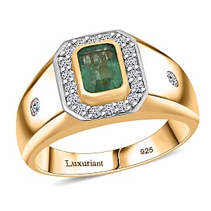 Premium Kagem Zambian Emerald and Luxuriant Lab Grown Diamond G-H SI 1.40 ctw Men's Ring in 18K Vermeil Yellow Gold Over Sterling Silver (Size 10.0)