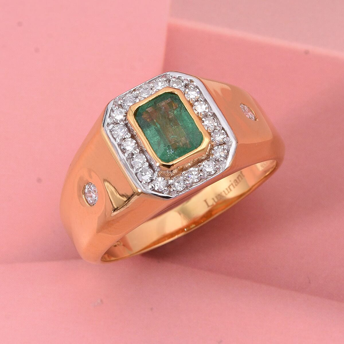 Premium Kagem Zambian Emerald and Luxuriant Lab Grown Diamond G-H SI 1.40 ctw Men's Ring in 18K Vermeil Yellow Gold Over Sterling Silver (Size 10.0) image number 1