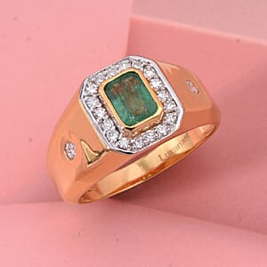 Premium Kagem Zambian Emerald and Luxuriant Lab Grown Diamond G-H SI 1.40 ctw Men's Ring in 18K Vermeil Yellow Gold Over Sterling Silver (Size 10.0)